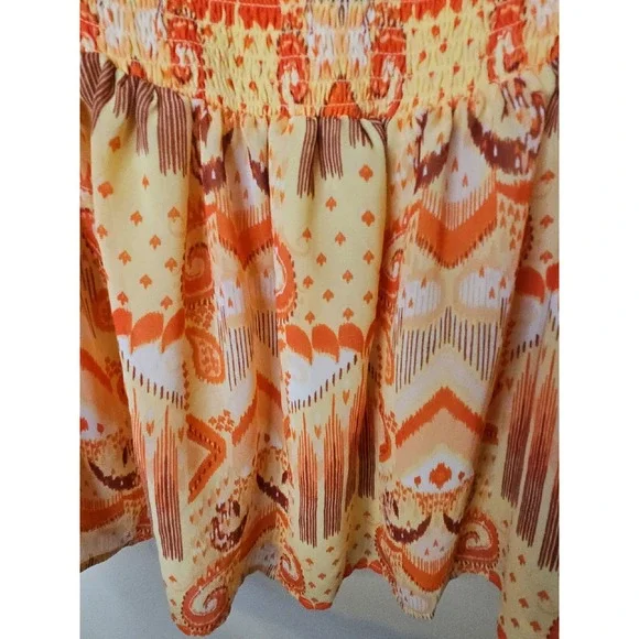 Torrid Top 00 M/L Ikat Babydoll Smocked Boho Ruffle Western Patchwork Earthy - Picture 7 of 16